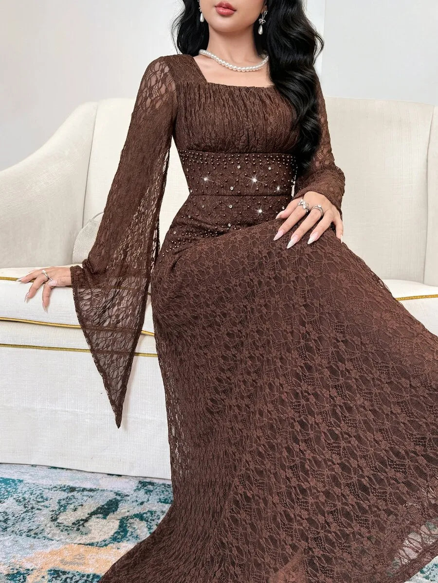 SHEIN Feyla فستان طويل بياقة مربعة وأكمام واسعة وخصر مرتفع بلون بني داكن