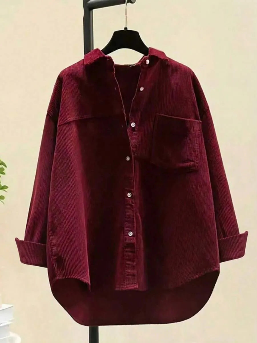 SHEIN قميص نسائي فضفاض من الكوردوروي بياقة بولو وأكمام طويلة بلون عنابي