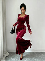 SHEIN Elenzga فستان طويل بياقة مربعة وأكمام طويلة وتطريز دانتيل وذيل حورية البحر بلون أحمر