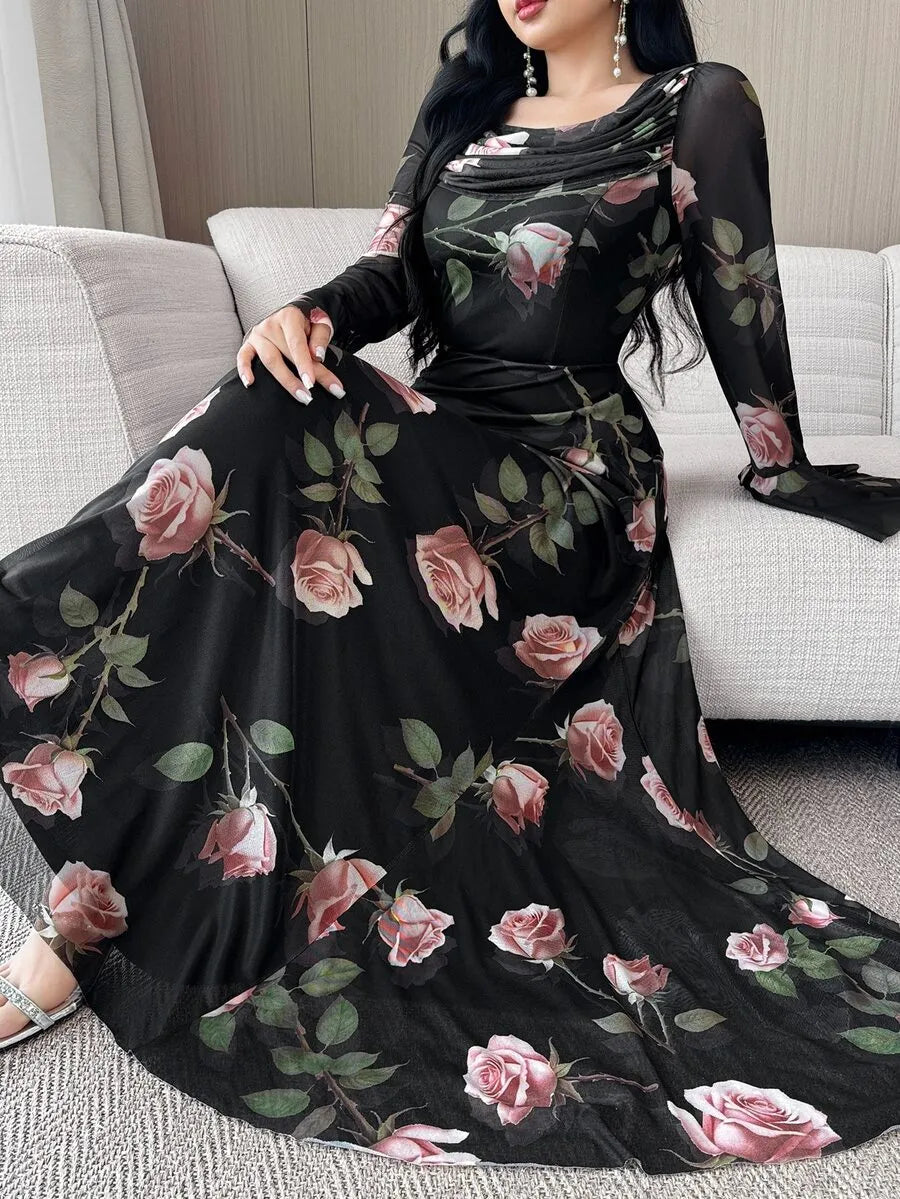 SHEIN Feyla فستان طويل بياقة دائرية وأكمام بات وينج وخصر مرتفع بلون عنابي