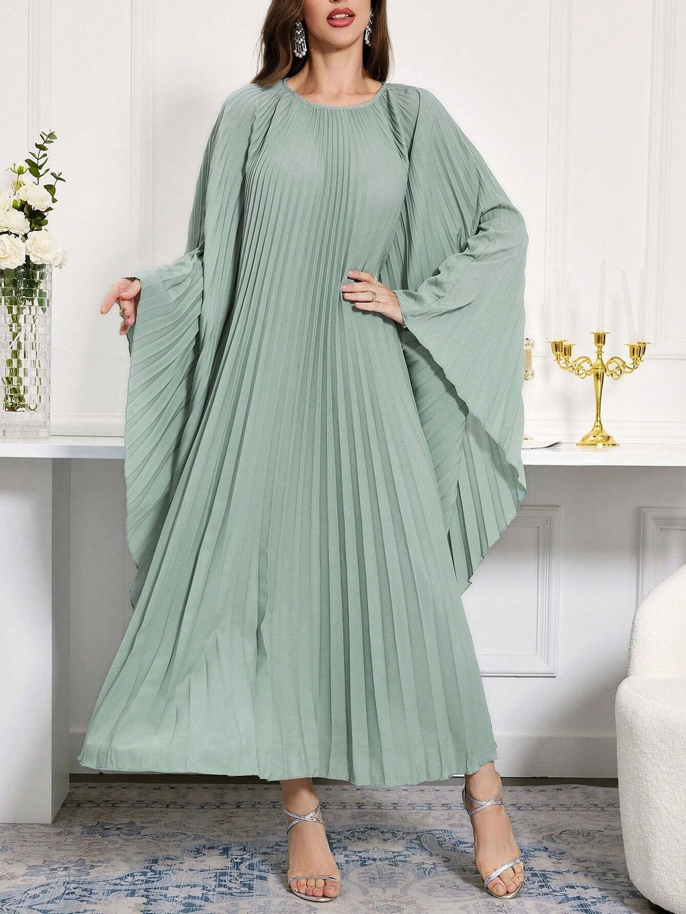 SHEIN Al Najma فستان قفطان عربي محتشم طويل الأكمام برقبة مستديرة موحد اللون