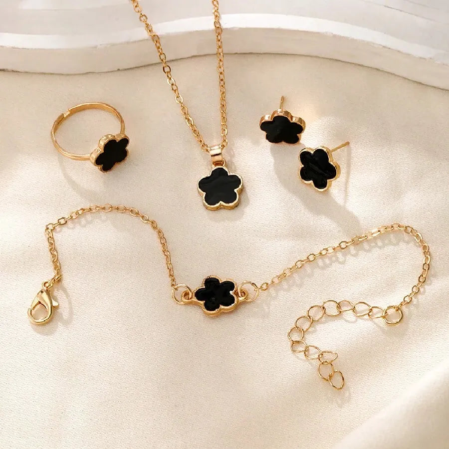 SHEIN طقم مجوهرات نسائي 4 قطع قلادة وسوار وخاتم وأقراط بتصميم زهري