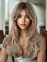 SHEIN باروكة شعر طويل مموج 24 بوصة مع غرة بلون بني داكن إلى أشقر