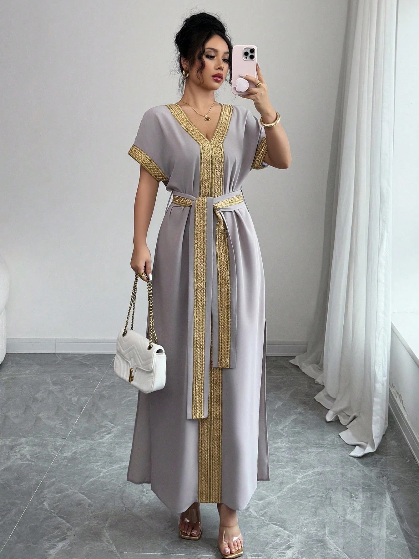 SHEIN Breezaya فستان نسائي فضفاض بخصر مرن ذهبي