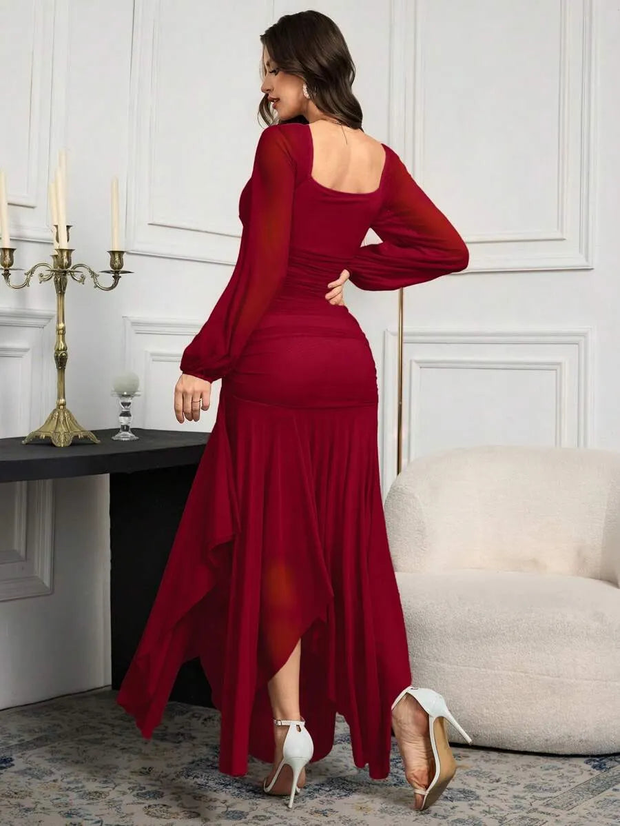 SHEIN Modelyn فستان طويل بأكمام طويلة بلون عنابي