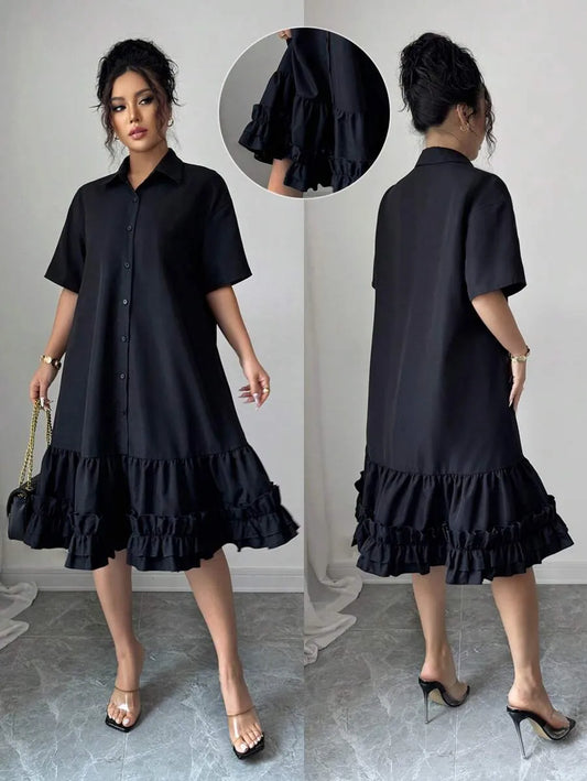 SHEIN Raffinéa فستان ميدي بياقة وأكمام نصفية وذيل بكشكش بلون الأسود