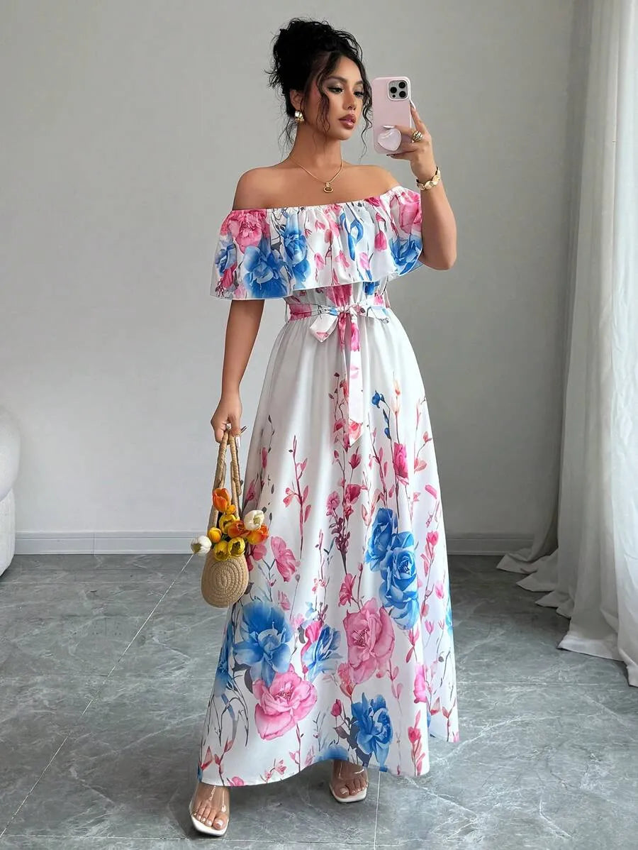 SHEIN Elenzga فستان ماكسي مكشوف الكتفين بأكمام واسعة وخصر مرتفع بنقشة زهور بلون وردي