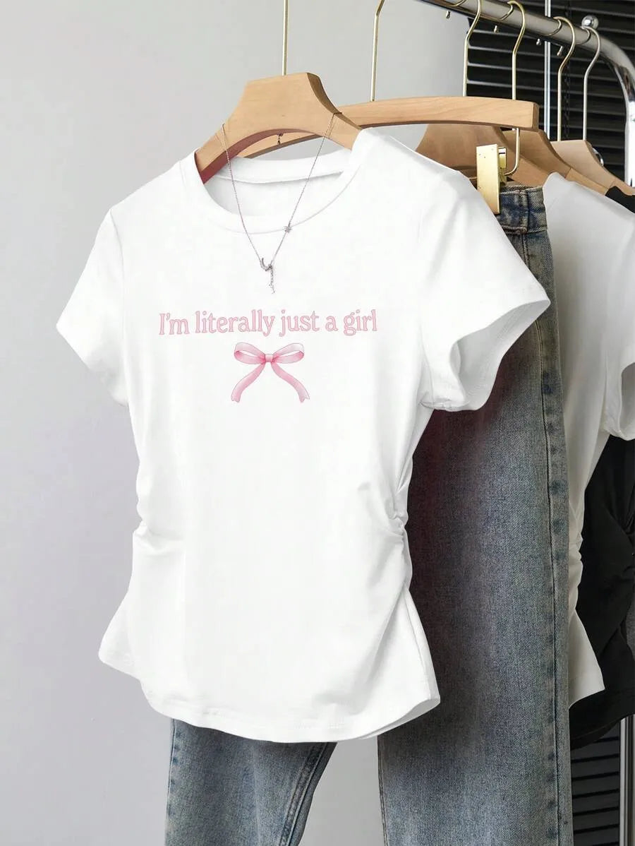 SHEIN INAWLY تي شيرت نسائي بطبعة فيونكة وحروف وياقة دائرية بلون أبيض