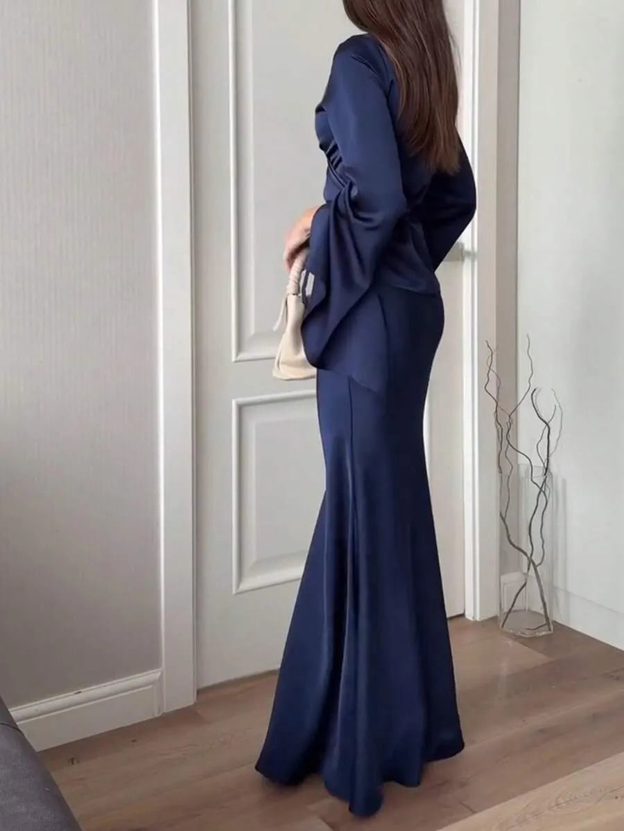 SHEIN طقم نسائي قطعتين بلوزة بياقة وتنورة طويلة برباط خصر بلون أزرق بحري