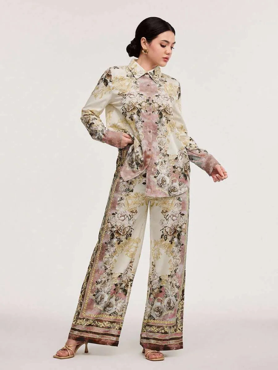 SHEIN Veilorie طقم نسائي قطعتين بلوزة بأزرار أمامية وبنطال طويل بلون مشمشي