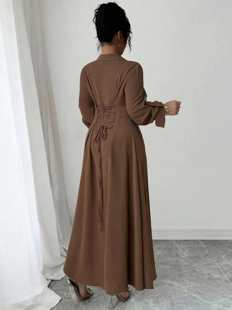 SHEIN Roveilla فستان نسائي بقميص وأزرار أمامية بلون بني