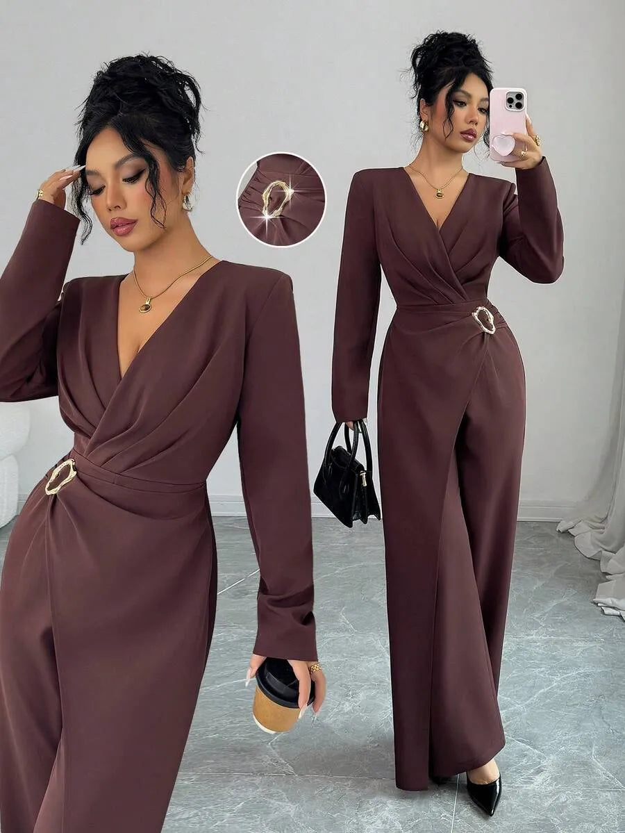 SHEIN Elenzga جمبسوت نسائي بياقة وتصميم متقاطع وسحاب بلون بني