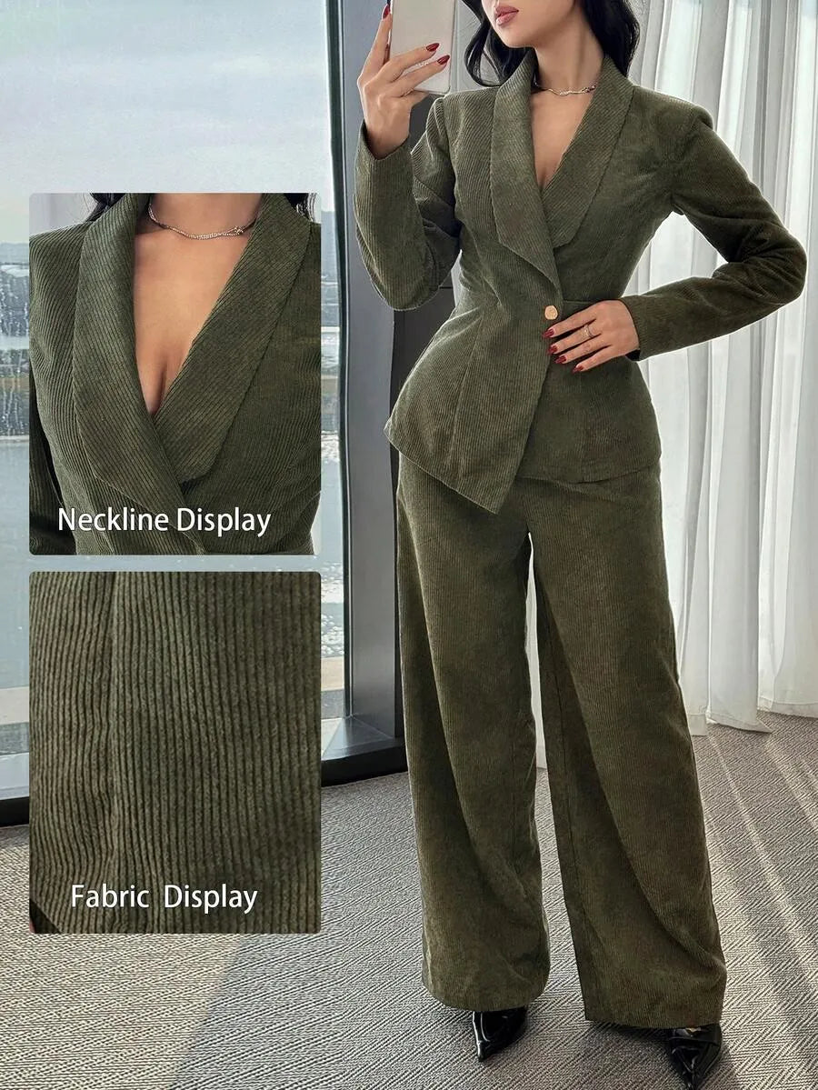 SHEIN Modelyn طقم قطعتين جاكيت وبنطلون كوردروي بتصميم غير متماثل بلون أخضر عسكري