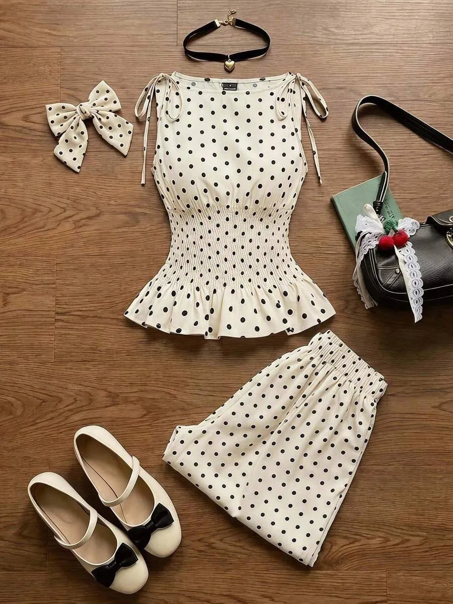 SHEIN MOD طقم نسائي من قطعتين توب كامي وبنطلون طويل بخصر مجعد بلون مشمشي