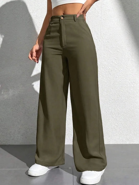 SHEIN PETITE بنطال نسائي واسع بجيوب بلون أخضر عسكري