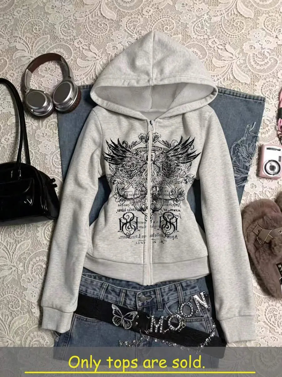 SHEIN IslaSuriya هودي نسائي بطبعة أجنحة وسحاب متعدد الألوان