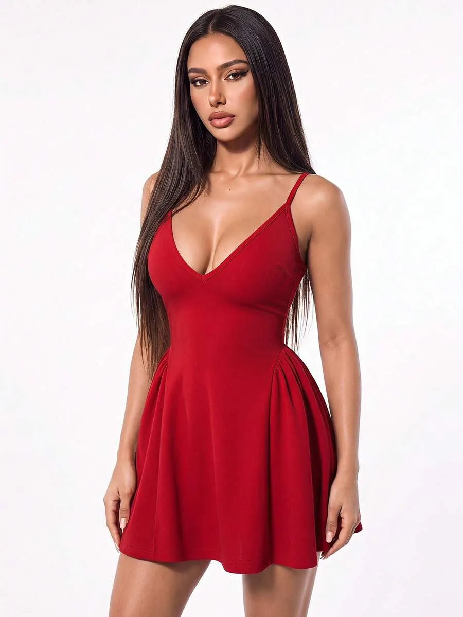 SHEIN ICON فستان أحمر ميني ضيق بحمالات رفيعة وكشكش