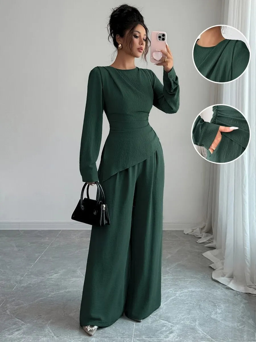 SHEIN Raffinéa طقم نسائي قطعتين تي شيرت بأزرار وبنطال طويل بلون أخضر داكن