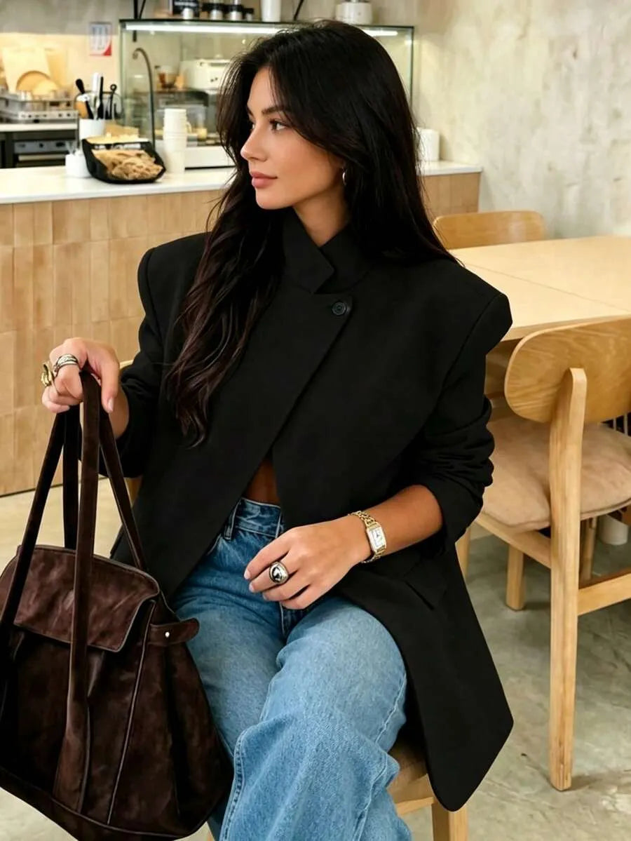SHEIN سترة نسائية غير متماثلة مفتوحة من الأمام باللون الأسود
