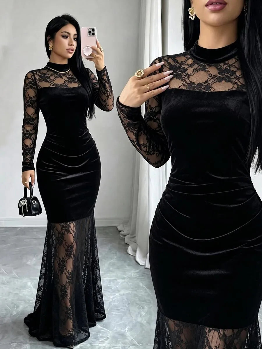 SHEIN Elenzga فستان مخملي طويل بياقة عالية وأكمام طويلة وتفاصيل دانتيل بلون أسود
