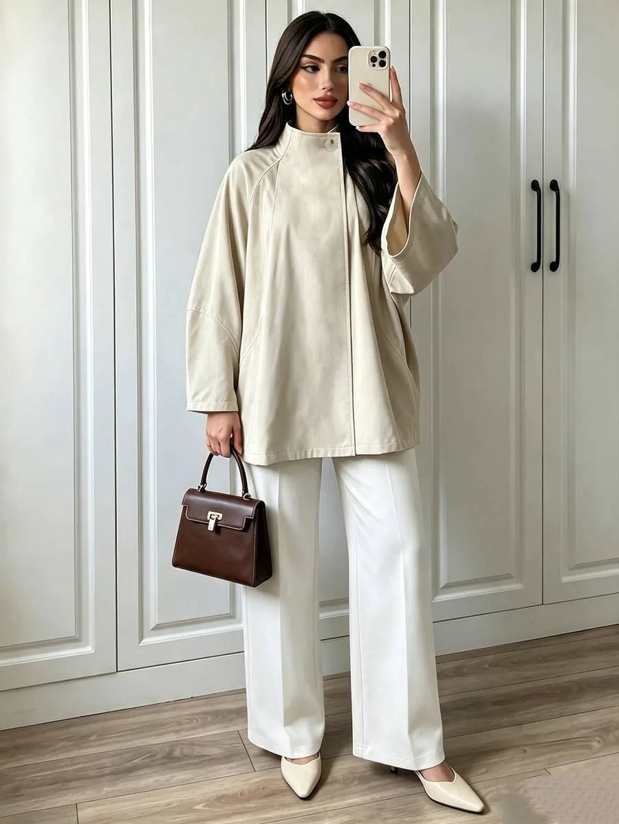 SHEIN Selianne معطف ترنش نسائي بقصة غير متماثلة وياقة كبيرة وأكمام راغلان