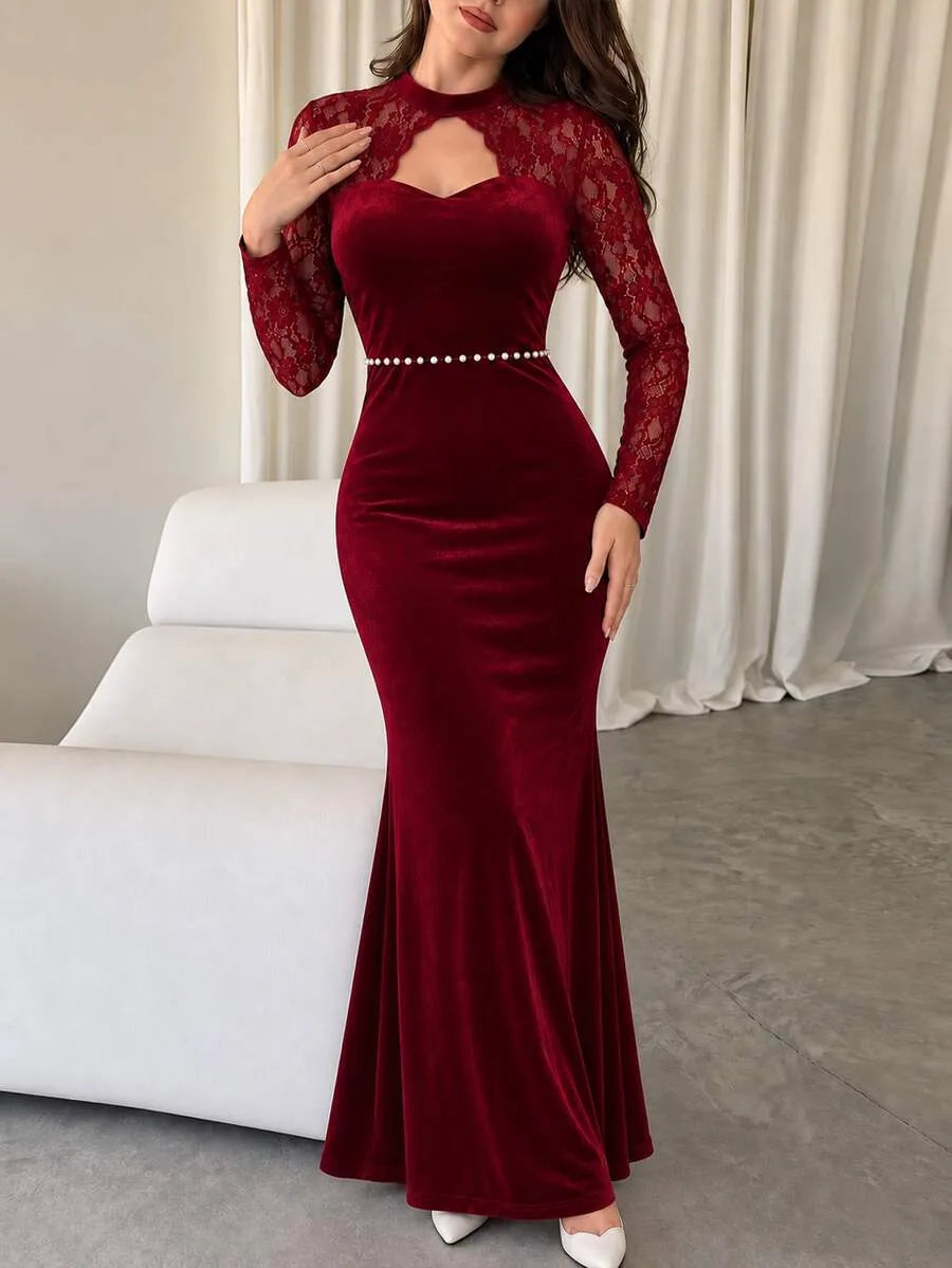 SHEIN Modelyn فستان طويل بياقة تشوكر وأكمام دانتيل وخصر مزين باللؤلؤ بلون عنابي