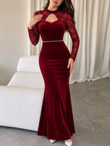SHEIN Modelyn فستان طويل بياقة تشوكر وأكمام دانتيل وخصر مزين باللؤلؤ بلون عنابي