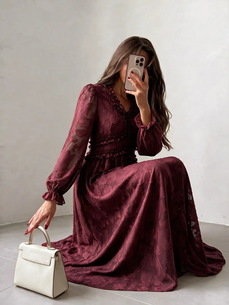 SHEIN NOVVYNE فستان نسائي طويل بياقة وأكمام واسعة وخصر مرتفع وكشكشة بلون عنابي
