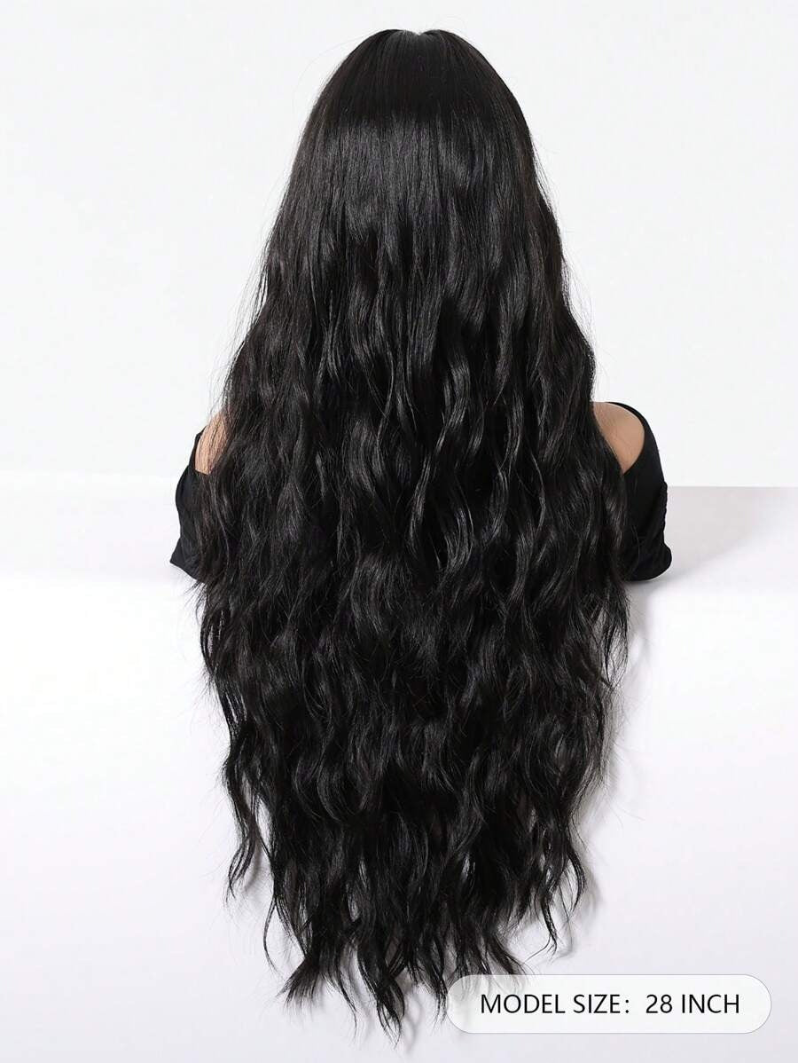 SHEIN باروكة شعر أسود طويلة 28 بوصة مموج وكيرلي مقاومة للحرارة