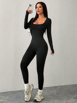 SHEIN PETITE جمبسوت رياضي ضيق أسود ضيق بياقة مربعة