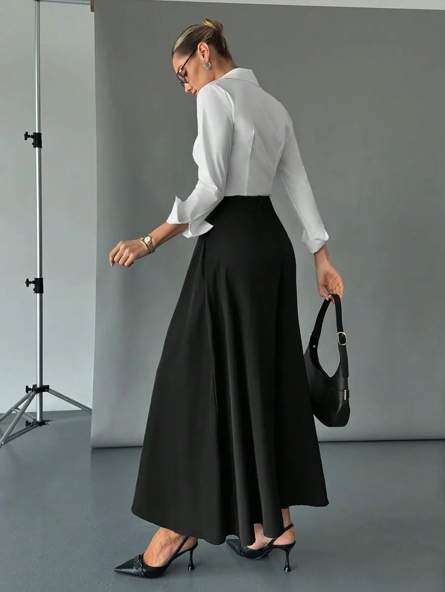 SHEIN Siren Gaze تنورة ماكسي سوداء بخصر فائق الارتفاع ومجهزة بجيوك جانبية