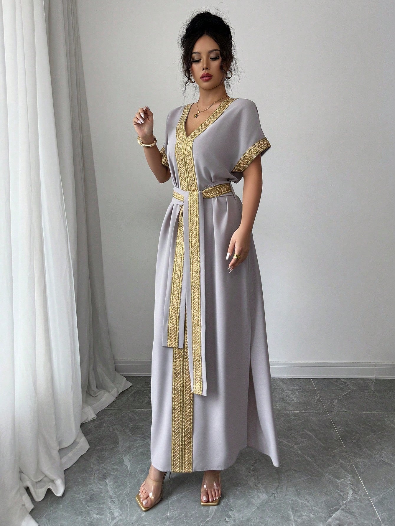 SHEIN Breezaya فستان نسائي فضفاض بخصر مرن ذهبي