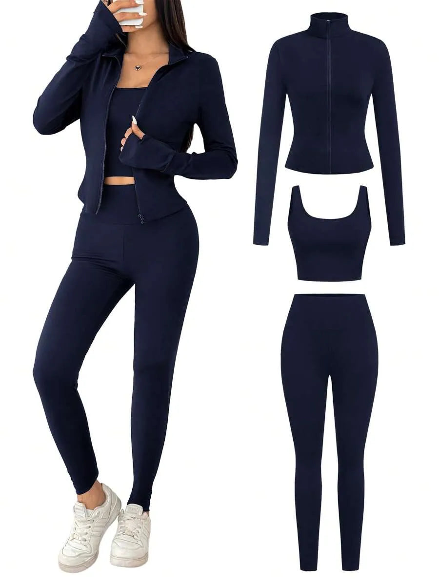 SHEIN EZwear طقم رياضي نسائي 3 قطع جاكيت محبوك وتوب قصير وليجنز بلون أزرق بحري