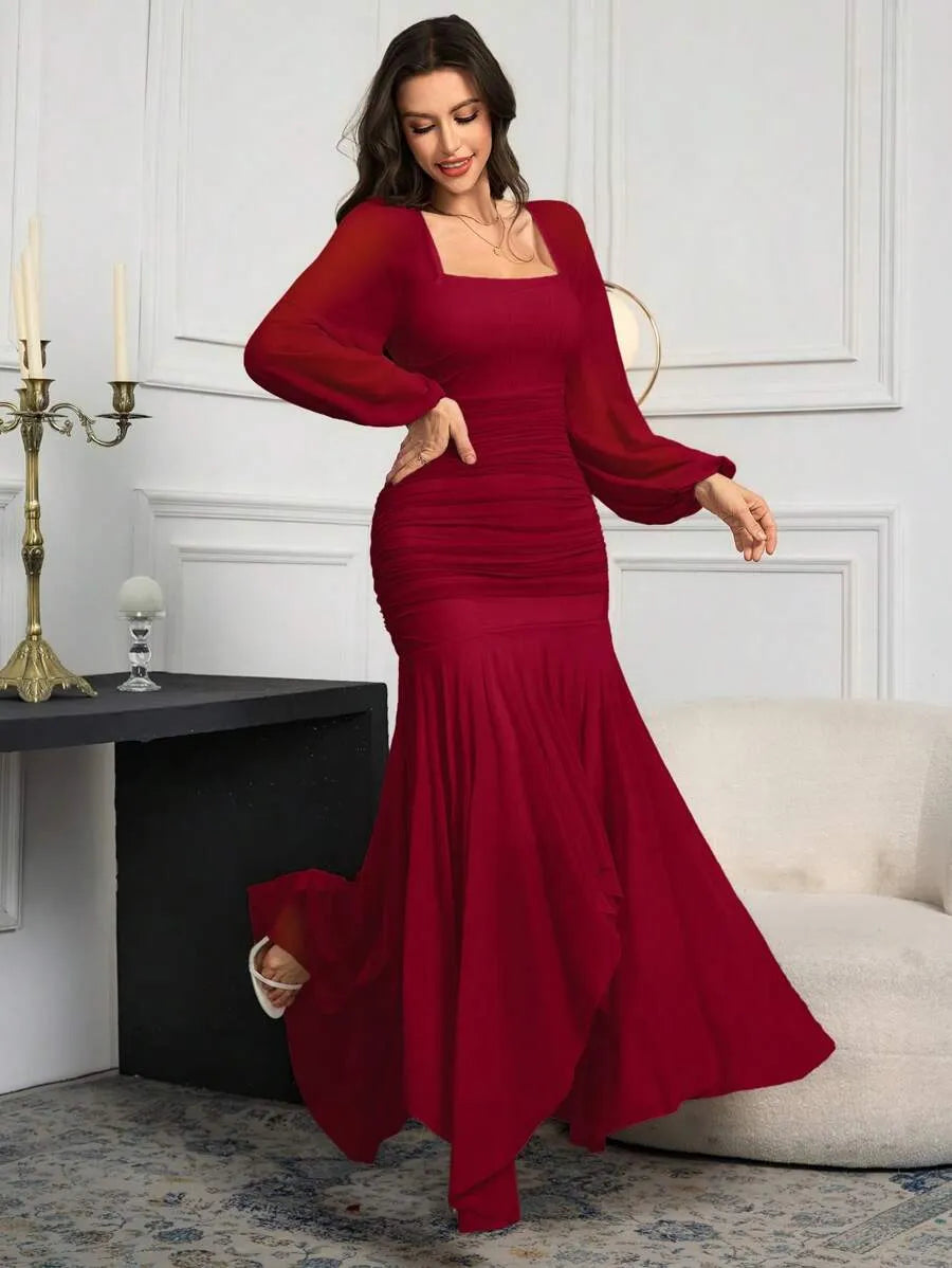 SHEIN Modelyn فستان طويل بأكمام طويلة بلون عنابي