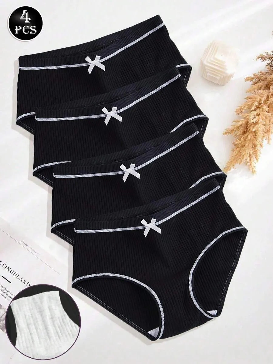 SHEIN سراويل داخلية نسائية من 4 قطع بخصر منخفض مزينة بفيونكة بلون أسود
