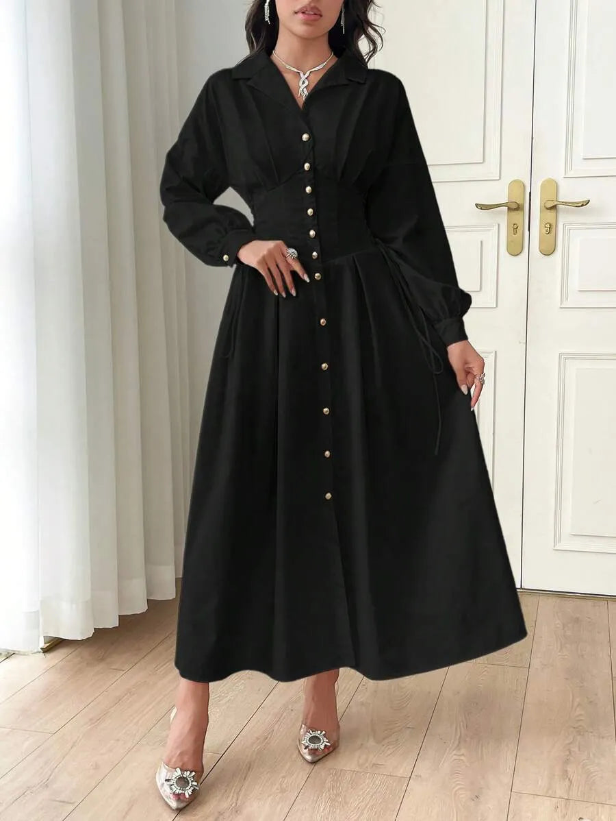 SHEIN Modelyn فستان قميص طويل بأزرار أمامية وخصر محدد بلون أسود