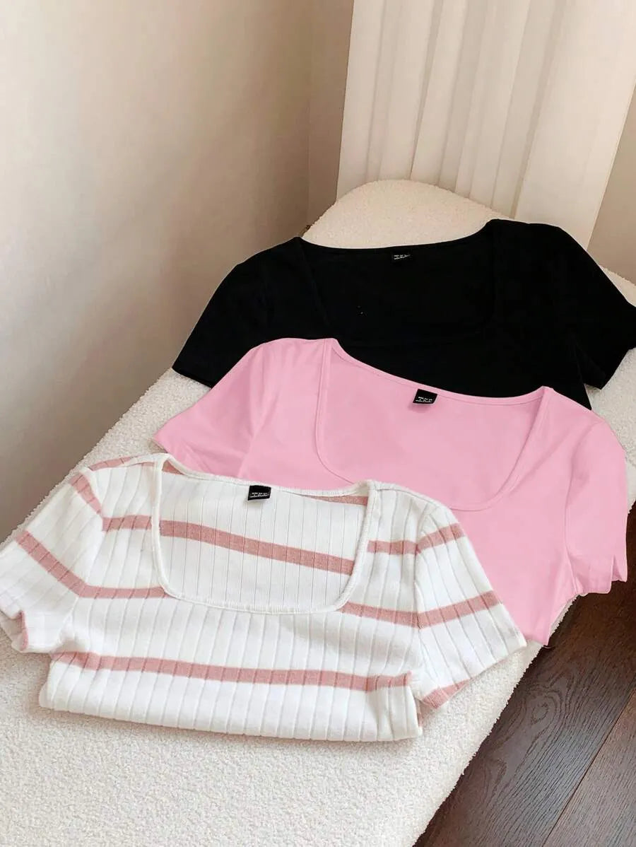 SHEIN Comfortcana طقم 3 قطع تي شيرت نسائي قصير بياقة مربعة وأكمام قصيرة متعدد الألوان