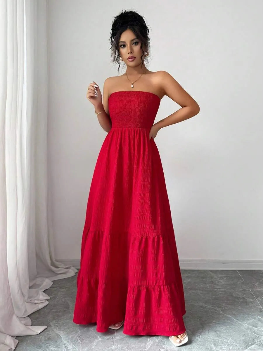 SHEIN Rafferiza فستان كاجوال بلا حمالات مع كشكشة أمامية بلون أحمر