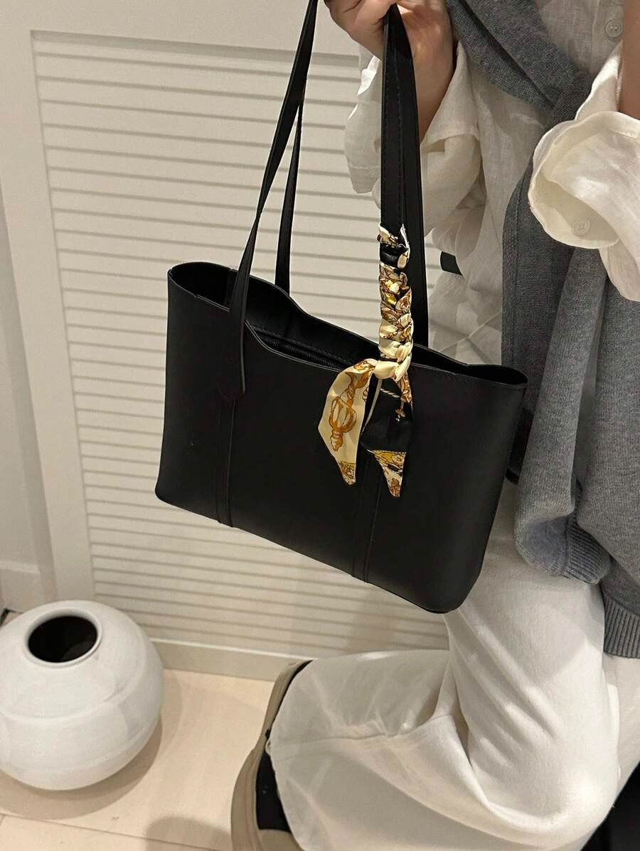 SHEIN حقيبة كتف سوداء مع وشاح حريري