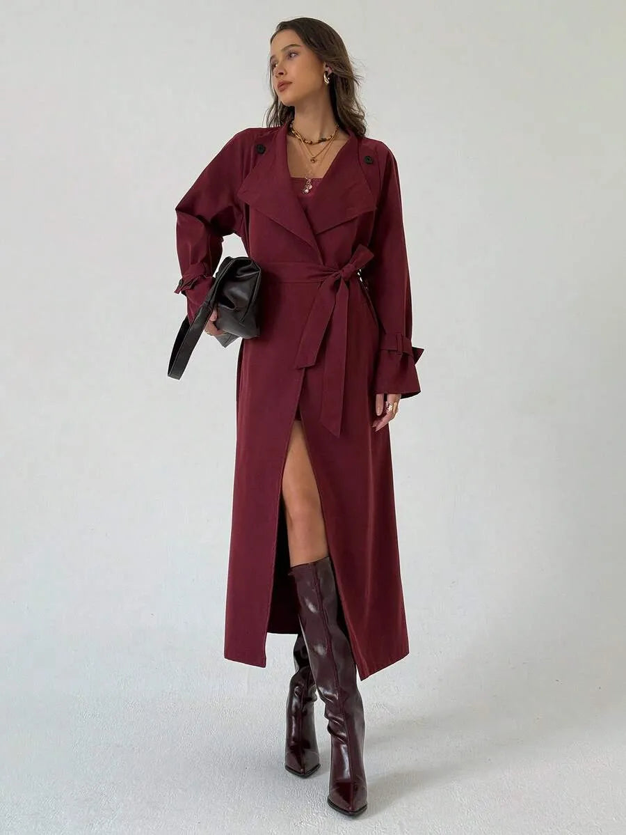 SHEIN Aloruh معطف ترنش طويل بصف أزرار مزدوج وحزام خصر بلون أحمر بنفسجي