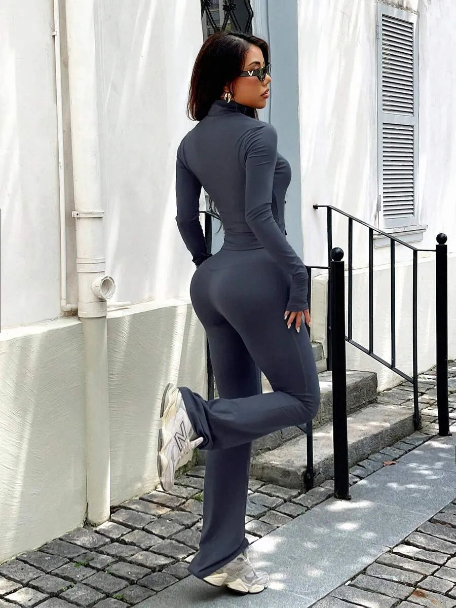 SHEIN طقم رياضي نسائي قطعتين جاكيت بياقة واقفة وبنطال واسع بخصر عالٍ بلون رمادي