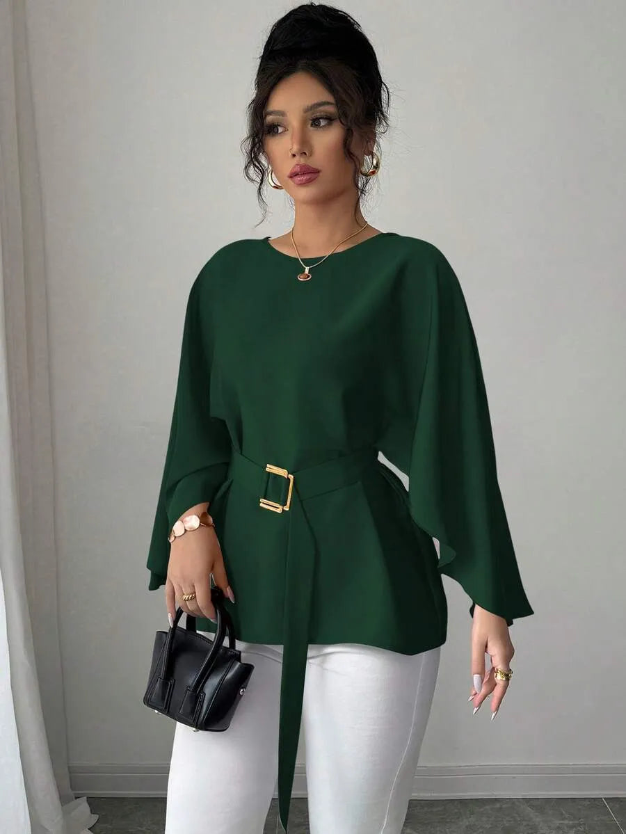 SHEIN Selianne بلوزة نسائية طويلة بأكمام خفاش ورباط خصر بلون أخضر داكن
