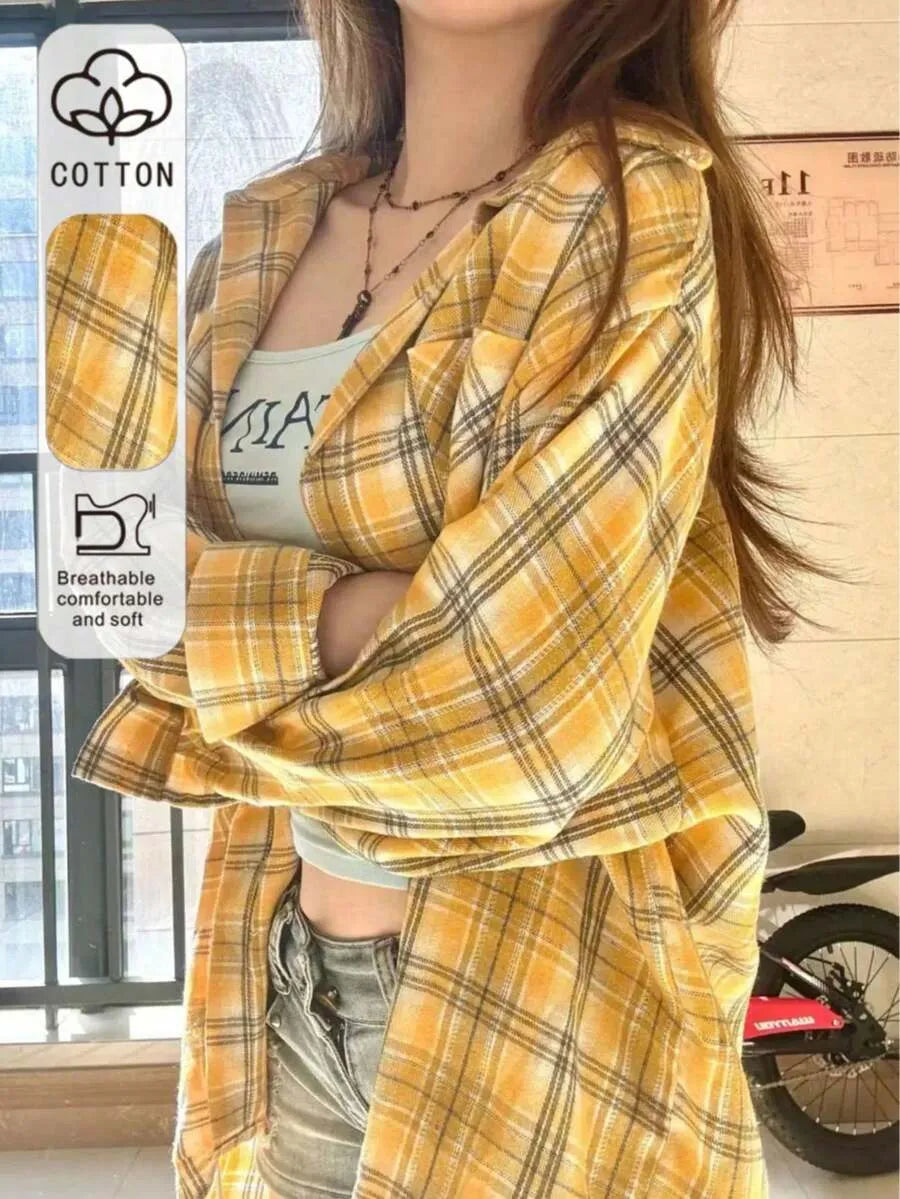 SHEIN جاكيت قميص نسائي فضفاض بنقشة مربعات وأزرار وجيوب بلون أصفر
