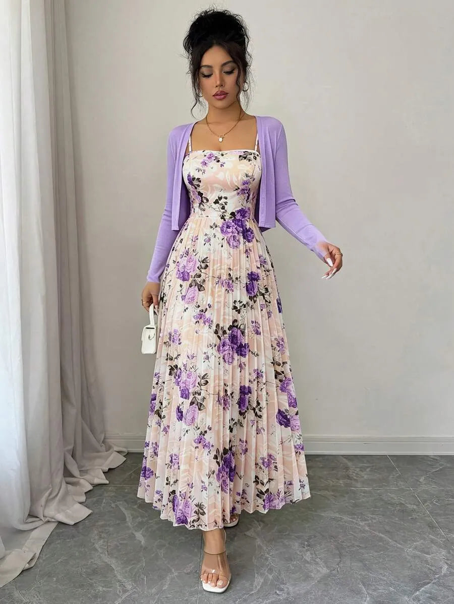 SHEIN طقم فستان بطبعة زهور مع كارديجان محبوك بلون أرجواني