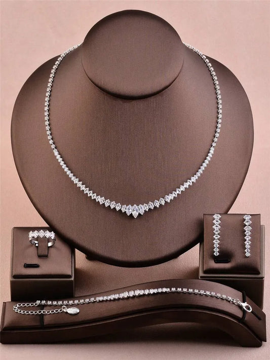 SHEIN CORUIXI طقم مجوهرات نسائي من الماس والزركونيا (قلادة، أقراط، سوار، خاتم)