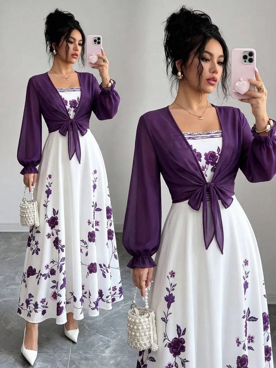 SHEIN طقم فستان كامي بطبعة أوركيد مع كارديجان شيفون بكشكشة بلون أرجواني