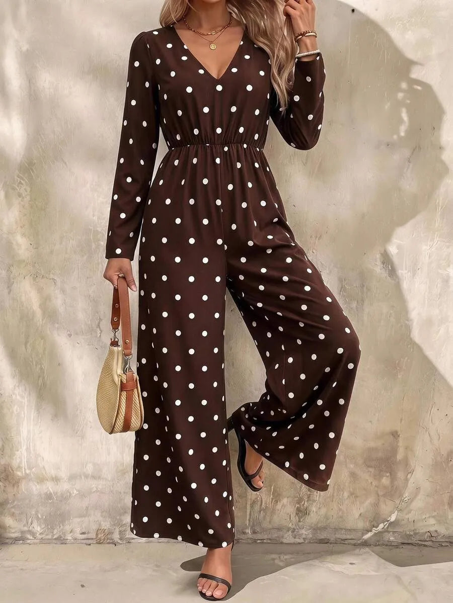 SHEIN Clasi جمبسوت نسائي بنقشة بولكا دوت وياقة وأكمام طويلة متعدد الألوان