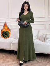 SHEIN Feyla فستان محبوك طويل بياقة وأزرار أمامية بلون أخضر عسكري