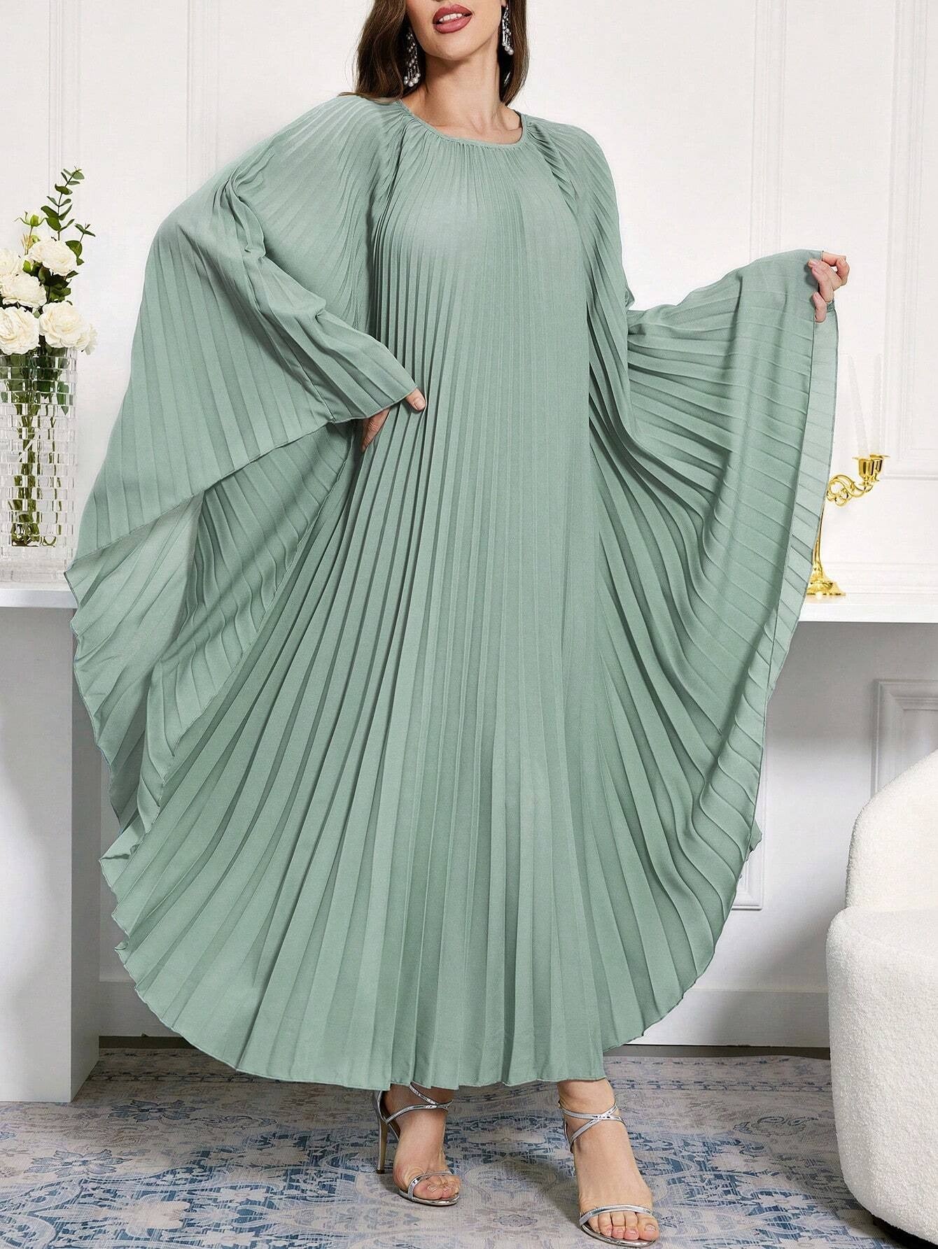 SHEIN Al Najma فستان قفطان عربي محتشم طويل الأكمام برقبة مستديرة موحد اللون