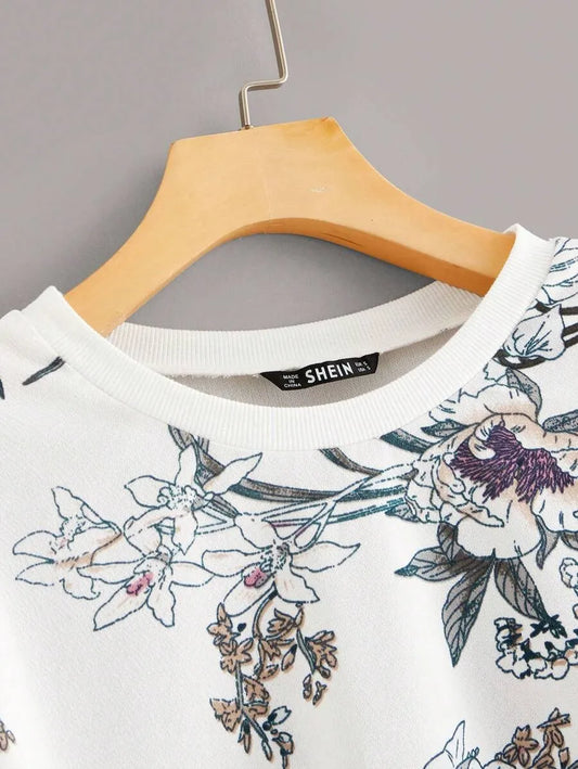 SHEIN LUNE سويت شيرت نسائي بطبعة نباتية بلون أبيض